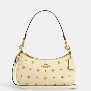 Coach Teri Leather Shoulder Bag Moonlight Yellow with Crystals + Wallet